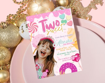 Two Sweet Birthday Invitation Template Two Sweet Invitation, 2nd Birthday Invitation Two Years Old Dessert Invite Candy Sweets Donut Invite