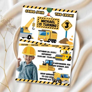Modelo de convite de aniversário de construção com foto, convite de construção editável para crianças, convite de aniversário de caminhões basculantes, aniversário infantil