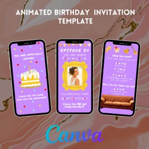 Video Geburtstagseinladung animierte Freunde Thema Gelber Rahmen Geburtstagseinladung, Freunde TV-Show Digital Geburtstag einladen Party mit Antwortkarte