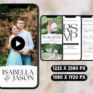 Może przedstawiać: Smartfon wyświetla projekt zaproszenia ślubnego. Na głównym ekranie para się obejmuje, z tekstem "Isabella & Jason" i "Witness the start of our happily ever after". Dodatkowe ekrany zawierają szczegóły RSVP i informacje o programie weselnym.