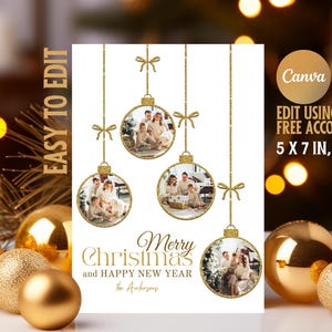 Modèle de carte de boules de Noël, carte de voeux de bonne année, carte photo de famille Noël or, carte de joyeux Noël modifiable minimaliste 2025