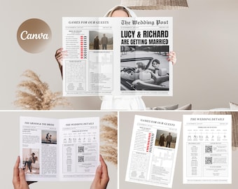 Wedding Announcement Program Newspaper Template with Photo, Wedding Programme Newspaper Template, Newlywed Times, Editable, Crossword Puzzle