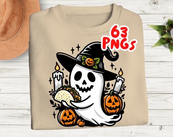 Leuke Halloween-spook PNG, Spooky Ghosts Stickers ontwerp op shirt, herfstseizoen Floral Ghost PNG's transparante achtergrond, sublimatiemok