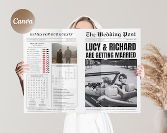 Plantilla de Canva para programa de boda, editable, plegado e imprimible, programa de boda del periódico Newlywed Times, infografía para el programa de la ceremonia