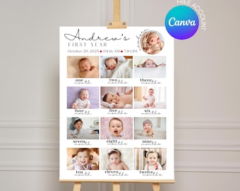Peut inclure: Une affiche blanche avec un collage photo noir et blanc de la première année d'un bébé. L'affiche est intitulée "Andrew's First Year" et comprend la date de naissance, l'heure et le poids du bébé. L'affiche mesure 18 pouces par 24 pouces.