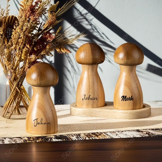Personalisierte Pilz-Salz- und Pfeffermühle aus Holz, Holz-Pfeffermühle, handgefertigte Salz- und Pfeffermühle, Salz- und Pfefferstreuer