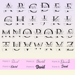 May include: A graphic image of the alphabet in six different fonts, each letter is split in half with a floral design in the middle. The fonts are labelled "Font 1", "Font 2", "Font 3", "Font 4", "Font 5", and "Font 6".