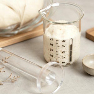 May include: A clear glass measuring jar filled with sourdough starter, featuring black printed markings from 5 to 25 and 0x to 4x. Beside it lies a long, clear glass plunger tool with a circular base, used for monitoring dough fermentation levels.