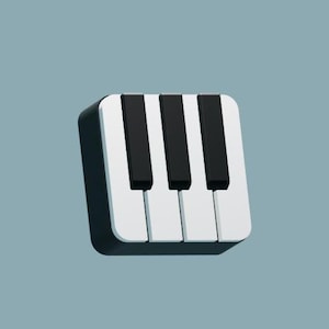 May include: A black and white piano keyboard icon with five keys. The keys are arranged in a row with three white keys and two black keys.