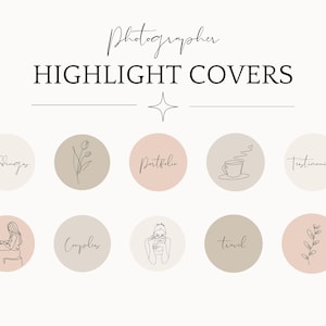 May include: Nine Instagram highlight covers with minimalist line art designs. The covers feature a flower, a cup of coffee, a woman working on a laptop, a woman holding a phone, a branch with leaves, and text that says "Portfolio", "Webshop", "Couples", "Travel", "Testimonials".