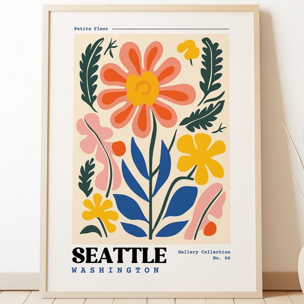 Seattle, Washington Travel Print | Seattle Poster | Retro Travel Poster | Gallery Wall Art | Botanical Print | Eclectic Vintage