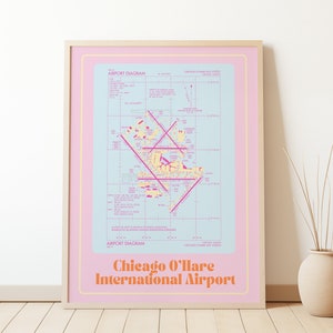 Chicago O Hare Internationaler Flughafen | Bunte Retro Airport Map Poster | BESTELLEN | Rosa und Blau | Flugplatz-Diagramm