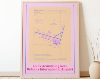 Louis Armstrong New Orleans International Airport | Colorful Retro Airport Map Poster | MSY | Pink and Orange | Airport Diagram