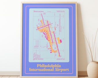 Philadelphia International Airport | Colorful Retro Airport Map Poster | PHL | Purple and Blue | Airport Diagram