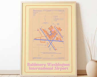 Baltimore / Washington International Airport | Colorful Retro Airport Map Poster | BWI | Yellow and Orange | Airport Diagram