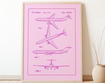 Roze patentprint vliegtuig | Retro luchtvaartkunst (digitale download)