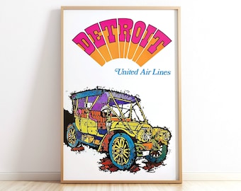 United Airlines Detroit Poster 1960s Retro Travel Print Gift For Pilot Crew Decor Aviation Wall Art Home Office United Cabin Crew DTW Poster