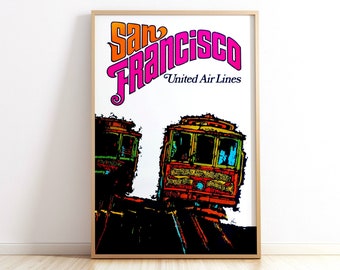 Puede incluir: Un cartel de viaje vintage para San Francisco, con un logotipo de texto rosa y naranja brillante que dice "San Francisco" con las palabras "United Air Lines" debajo. El cartel presenta una ilustración colorida de dos tranvías que suben una colina.