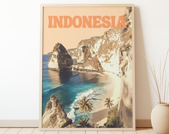 Cartel de viaje retro de Indonesia / Galería de arte de pared / Impresión ecléctica / Arte de pared colorido / Estética retro / Impresión de viaje / Impresión de Indonesia