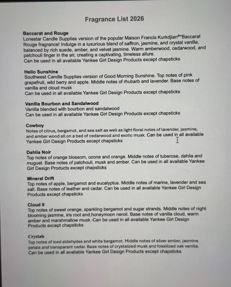 May include: A list of fragrance descriptions for Yankee Girl Design Products, including Baccarat and Rouge, Hello Sunshine, Vanilla Bourbon and Sandalwood, Cowboy, Dahlia Noir, Mineral Drift, Cloud 9, and Crystals. The list details the scent notes.