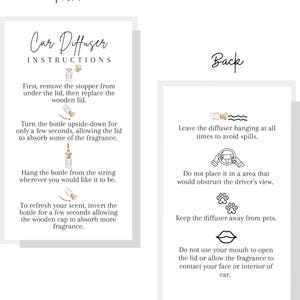 May include: White card with instructions for a car diffuser. The front of the card says "Car Diffuser Instructions" and details how to use the product. The back of the card provides safety tips, including keeping the diffuser away from pets.