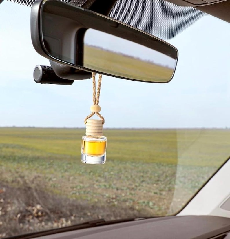May include: A car air freshener with a small, clear glass bottle filled with yellow liquid. The bottle has a wooden cap and is suspended from the rearview mirror by a woven cord. The background shows a field and sky.