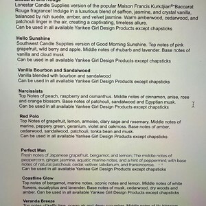 May include: A printed list titled "Fragrance List 2026" detailing various scents. Descriptions include top, middle, and base notes for fragrances like Baccarat and Rouge, Hello Sunshine, Vanilla Bourbon, and others. The list is for Yankee Girl Design Products.