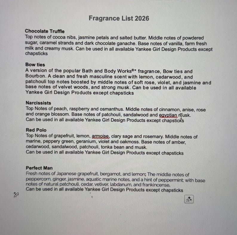 May include: A white paper with a fragrance list titled "Fragrance List 2026". The list includes descriptions of scents like "Chocolate Truffle", "Bow ties", "Narcissists", "Red Polo", and "Perfect Man".