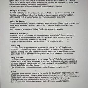 May include: A printed list titled "Fragrance List 2026" detailing scent descriptions for various Yankee Girl Products. Scents include Cashmere and Cedar, Whipped Pistachio, Velvet Cardamom, Mandarin and Mango, Breezy Bay, Early Sunrises, and Sol 76.