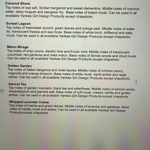 May include: A list titled "Fragrance List 2026" with detailed descriptions of six different fragrance blends. Each description lists top, middle, and base notes, such as "Coconut Shore" with sea salt and beach musk.