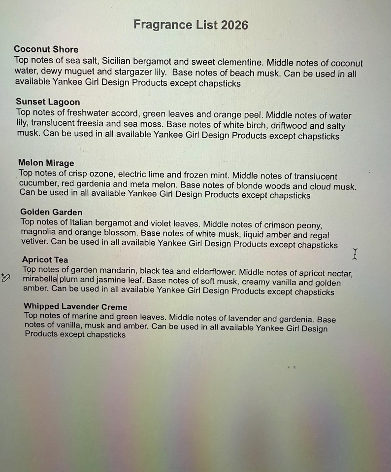 May include: A list titled "Fragrance List 2026" with detailed descriptions of six different fragrance blends. Each description lists top, middle, and base notes, such as "Coconut Shore" with sea salt and beach musk.