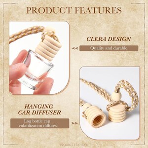 May include: Clear glass hanging car diffuser with a wooden cap and a braided rope. The product features include a log bottle cap that volatilizes and diffuses. The text on the image says "Product Features", "Clera Design", and "Hanging Car Diffuser".