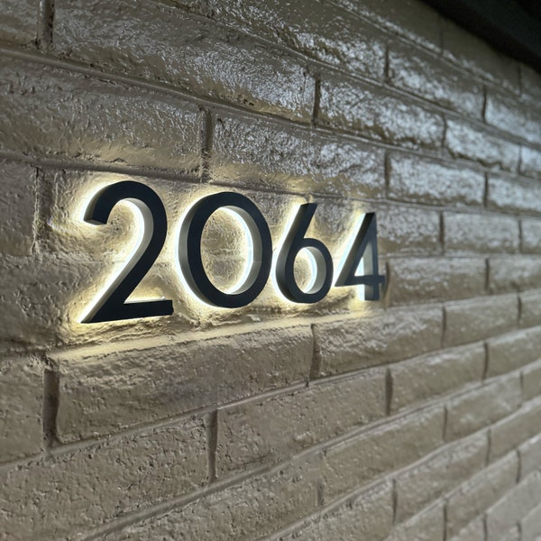 Letrero de número de casa LED retroiluminado moderno con energía Solar/números de dirección iluminados personalizados grandes verticales horizontales de Metal para puerta de casa