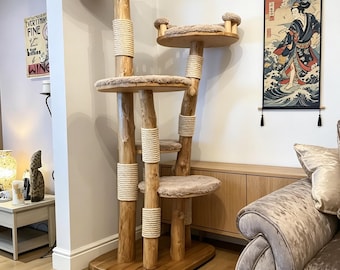 Large outdoor teak multi-tiered cat tree, indoor cat tower