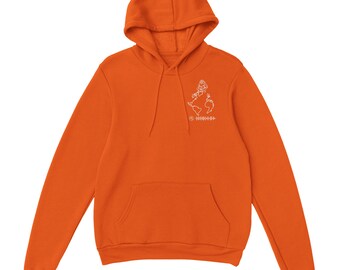 May include: Orange hoodie with a white graphic of a world map and a music note symbol. The text "@HHHHHH" is below the graphic.