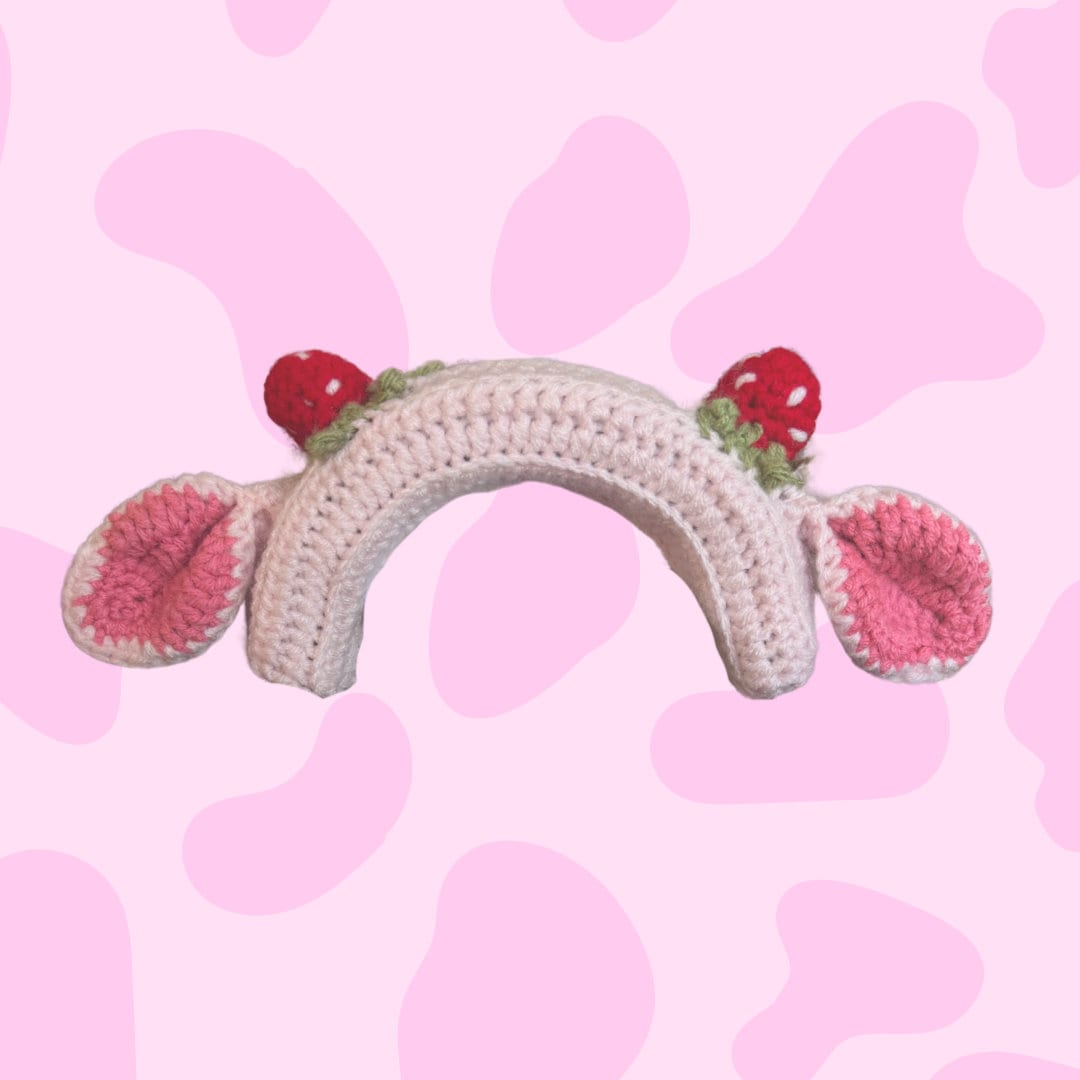 22 Crochet Headphone Cover Patterns, Strawberry, Star, and Fox Styles 9 Strawberry Cow Headphone Cover Crochet
