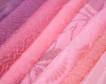 Set of 10 Vintage Silk Kimono Fabric Pieces - Beautiful PINK & PURPLE Japanese fabrics for Crafting