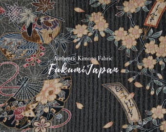 Black Silk Kimono Fabric Remnant: Japanese Sensu Fan & Sakura Design