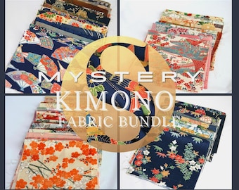 May include: A collection of folded fabric squares featuring diverse patterns including floral, fan, and leaf motifs in colors like navy blue, red, orange, and cream. The text MYSTERY KIMONO FABRIC BUNDLE is overlaid in white on a large gold circular graphic.