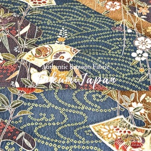 Japanese Silk Kimono Fabric Remnant: Floral Vines & Fans