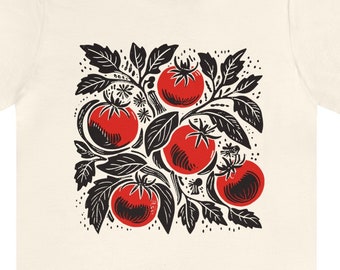 Linocut Tomato Graphic T-shirt, Folkart Vegetable Gardening Shirt Unisex Jersey Tee, Gardener Gift, Plant birthday present