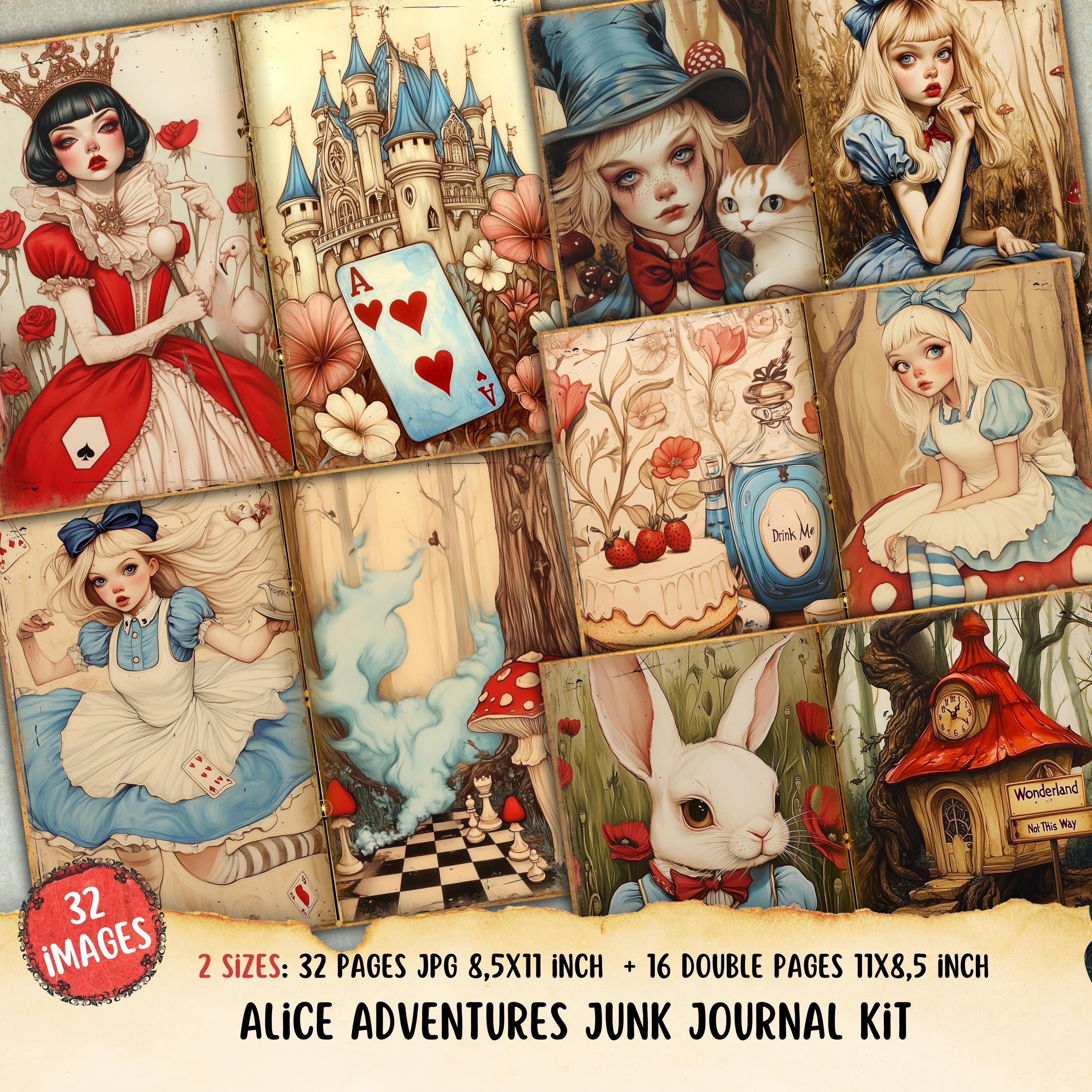 Kit de diário de aventuras de Alice, Alice no país das maravilhas para impressão, Chapeleiro maluco, páginas de scrapbook, papel de colagem, artesanato em papel faça você mesmo, imagem de Once Upon