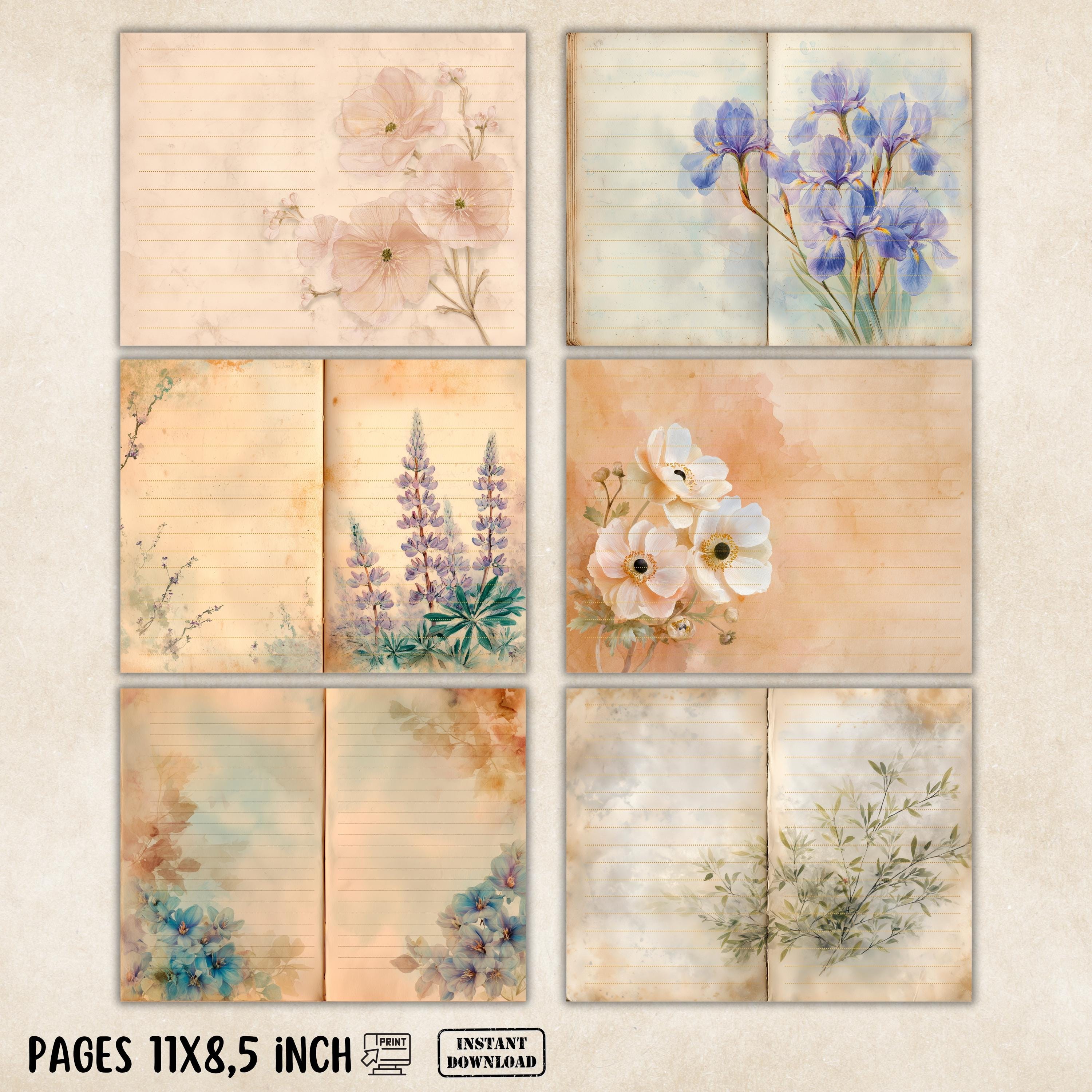 Blank Printable Junk Journal Pages, Vintage Lined Paper, Flower Writing ...