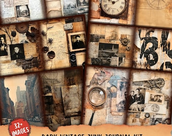 May include: A digital collage kit with 32+ images featuring vintage textures, maps, clocks, and other ephemera in dark brown, beige, and black tones. The kit is labeled "Dark Vintage Junk Journal Kit".