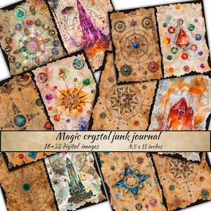 Diario basura de cristales mágicos, Libro de cristales, Piedras místicas imprimibles, Hoja de collage de gemas antiguas, Páginas de diario basura de Libro de cristales