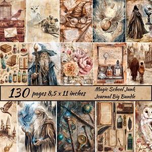 Paquete grande de diario basura de la escuela de magia, hojas de collage digitales de magos, kit de diario basura mágico, efímera digital de diario basura de magos y libros
