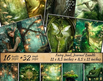 May include: A digital printable junk journal kit with 16 double pages and 32 single pages featuring fairy and forest themes. The images include fairies, butterflies, keys, mushrooms, and a cottage. The kit is available in two sizes: 11 x 8.5 inches and 8.5 x 11 inches.
