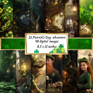 Papier numérique d'aventure de la Saint-Patrick, fond de fantaisie imprimable trèfle à quatre feuilles, photographie de toile de fond trèfle irlandais, fabrication de cartes