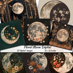 Jardin au clair de lune, pages de carnet de bord, papier de scrapbooking lunaire éphémères, pages de fond gothiques, fleurs célestes fantastiques, imprimables pleine lune
