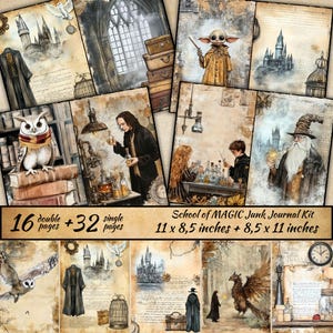 Kit de diario basura de la Escuela de Magia, hojas de collage digitales de magos, kit de diario basura de Magic, diario basura de Wizards and Books, material efímero digital